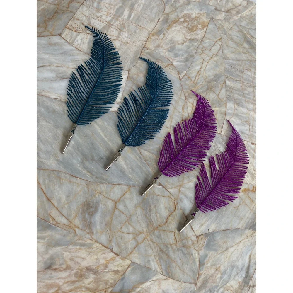 Set of 4 Glitter Feather Hair Clips Teal Blue and Purple Plume Alligator Clips